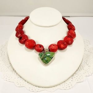 Real Red Corall and Green Turquoise 925 Necklace